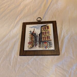2/30$ Vintage Multi-Color Hand-Painted City Street Tile in Brown Frame
